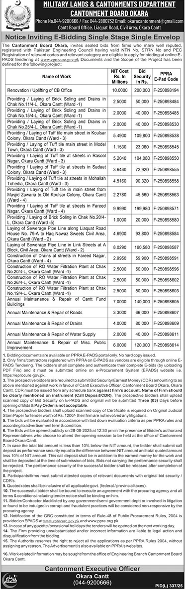 Military Land & Cantonment Department Okara Tender Notice